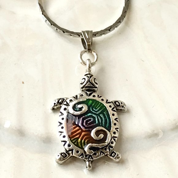 Silver Sea Turtle Pendant Necklace Colorful Enamel Plated 19" Nautical Island - Picture 3 of 14